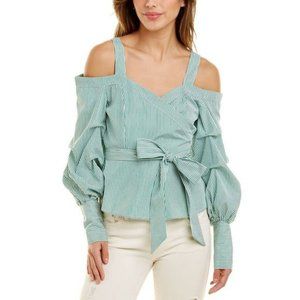 NWT Destinaire Striped Blouse Size S Green White Surplice Pleated Blouson Sleeve
